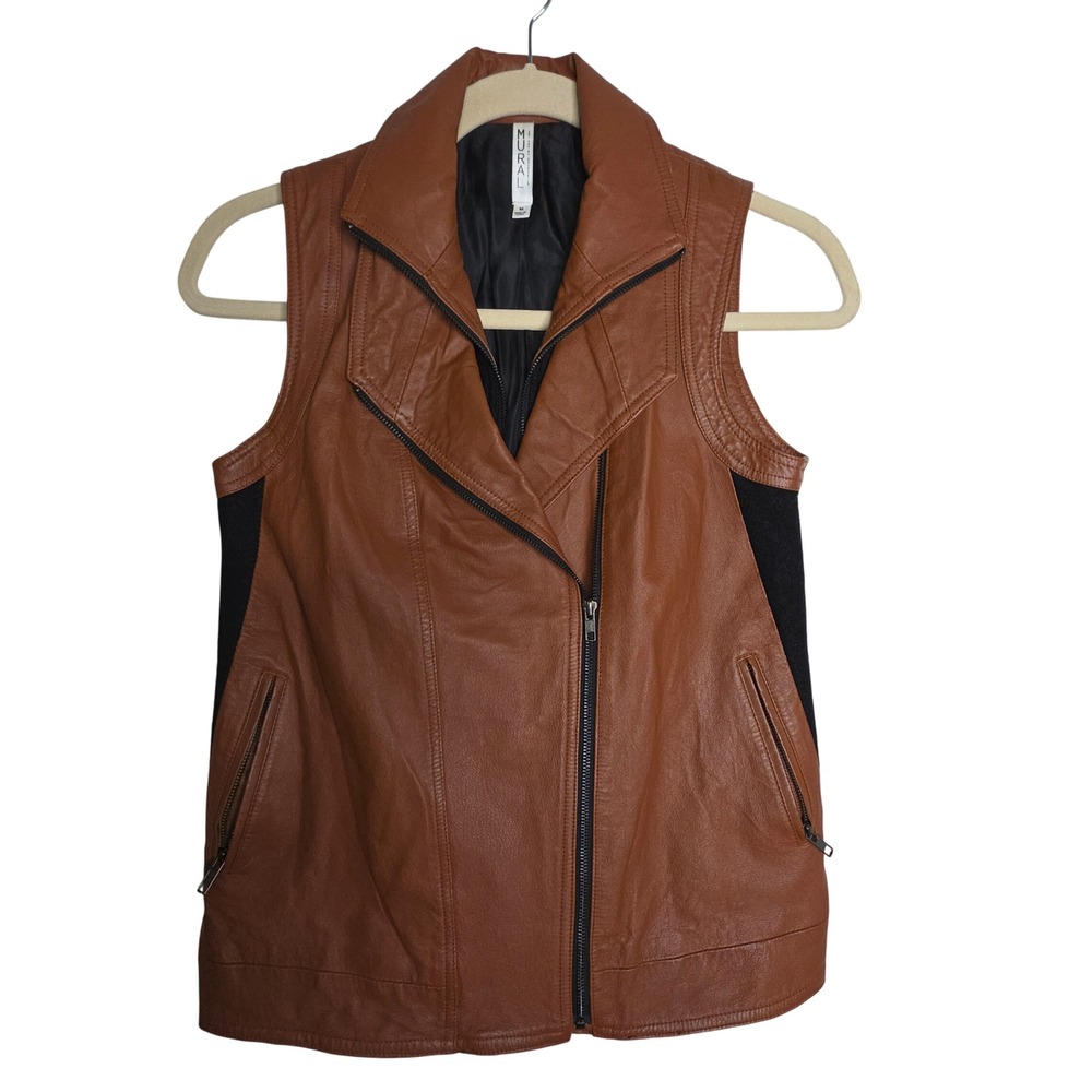 Mural Brown Leather n Wool Asymmetrical Double Zip Moto Vest Women's Size M